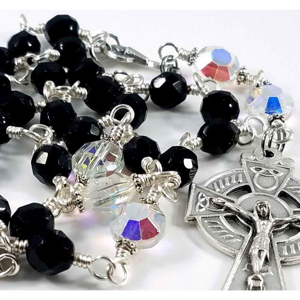 Handmade Anglican Rosary Swarovski Black Crystal Celtic Cross